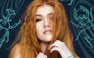 Woman redhair greenbracelet bluebackground demon - long red hair free wallpaper