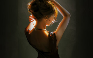 Woman blackdress handsonhead blackbackground figurative - her arm behind her head free wallpaper