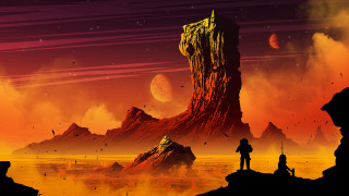 Cliff man looking planet red - matte painting concept art free wallpaper