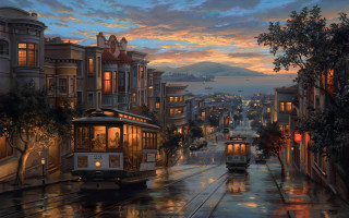 Trolley car city night autumn - evgeny lushpin free wallpaper