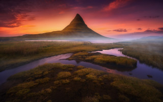 Mountain lake foggy sunset cityscape - a lake in the foreground free wallpaper