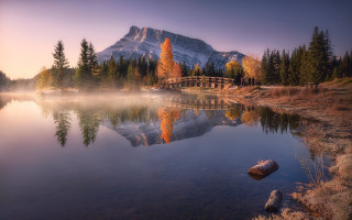 Mountain lake reflection bridge autumn - magic realism free wallpaper for desktop