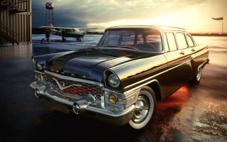 Classic car parking lot plane - a plane in the background free wallpaper