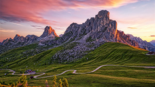 Mountain winding road sunset house - road free wallpaper