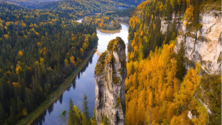 River mountains bridge autumn fire - a river free wallpaper for desktop