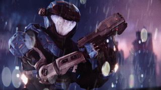 Futuristic man rain city night - redshift free wallpaper