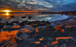 Sunset water rocks boat clouds - mystical free wallpaper