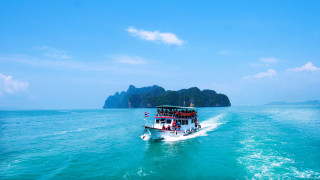 Boat mountains islands blue sky - beautiful scenery free wallpaper for desktop