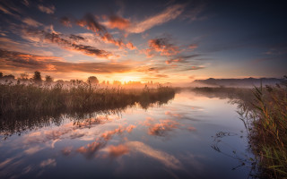 River sunset clouds trees cityscape - a sunset in the background free wallpaper