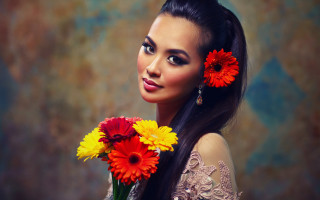 Woman holding flowers elegant portrait - long hair holding free wallpaper