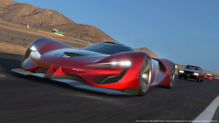 Red black car driving mountain - f 8 aperture free wallpaper