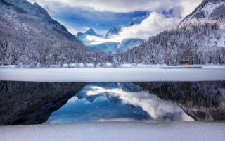 Lake snowy mountains forest cabin - cloudy free wallpaper
