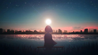 Sunset water cityscape bench anime - atey ghailan free wallpaper