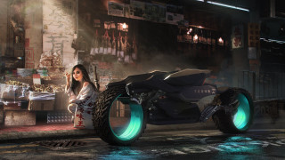Woman motorcycle neon city night - a dark city free wallpaper
