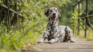 Spotted dog wooden walkway greenery - a wooden walkway free wallpaper