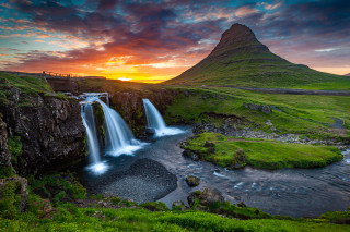 Waterfall bridge mountain sunset clouds - dramatic free wallpaper