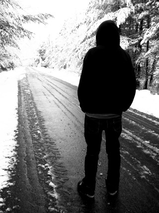 Snowy road woods person standing - the ground and trees free wallpaper