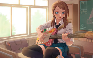 Girl classroom guitar blue skirt - a guitar free wallpaper