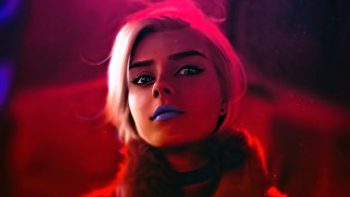 Pink hair cyberpunk starry sky - a blue light behind her free wallpaper