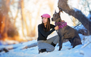 Woman snow dog pink hat - a pink scarf free wallpaper