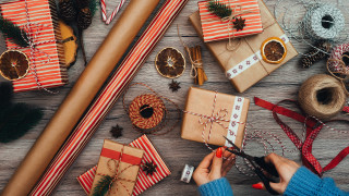 Christmas ribbon cutting presents arts - product photo free wallpaper