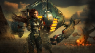 Futuristic woman armor fire sky - a large object free wallpaper