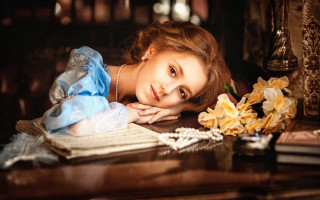 Woman blue dress flowers book - artur tarnowski free wallpaper