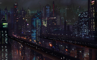 City night train lights water - cyberpunk city free wallpaper