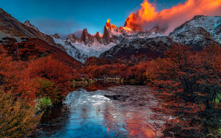 Mountain river sunset clouds autumn - a matte painting free wallpaper for desktop