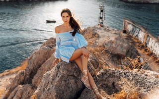 Woman blue dress rock water 2 - near free wallpaper for desktop