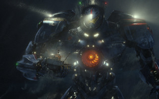 Robot glowingface darkwater ship cityscape - a ship in the background free wallpaper