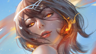 Yellow eyes black hair orange - a blue sky background free wallpaper
