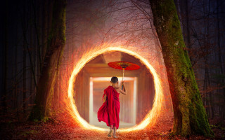 Woman red dress umbrella forest - a fire free wallpaper