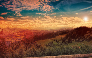 Mountain sunset bench landscape city - alena aenami free wallpaper