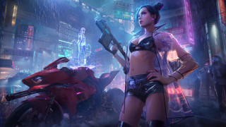 Woman bikini motorcycle neon city - a neon background free wallpaper