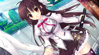 Girl school uniform sword suitcase - front of a window free wallpaper