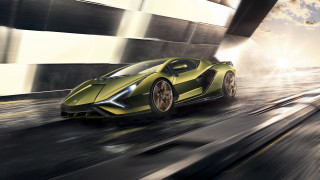 Green sports car city street 4 - a sky background and a sun free wallpaper
