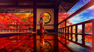 Autumn forest kimono lantern shrine - a view free wallpaper