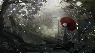 Woman forest umbrella train matte - a train track in the background free wallpaper
