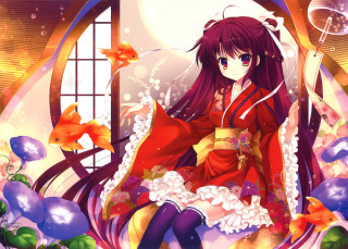 Woman red dress window sill - a fish free wallpaper