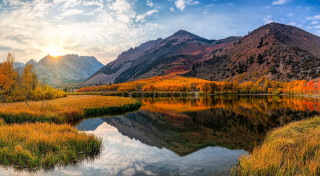 Mountain lake autumn forest sky - grass and trees free wallpaper