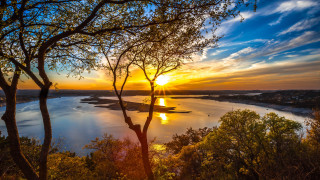 Sunset lake trees water boats 2 - tree and water free wallpaper