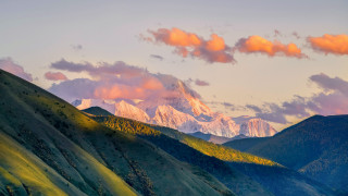 Mountain range clouds trees snow - a few cloud free wallpaper