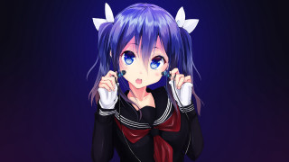 Anime girl blue hair horns 2 - a red bow free wallpaper
