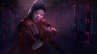 Woman red jacket cyberpunk night - a red glove free wallpaper