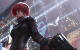 Futuristic city woman suitcase bird - cyberpunk art free wallpaper