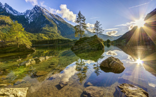 Lake mountains trees sun reflection - the rock free wallpaper