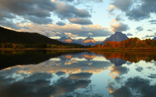 Lake mountains clouds trees sunset - a matte painting free wallpaper for desktop