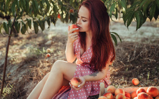 Red hair woman eating fruit - a basket free wallpaper
