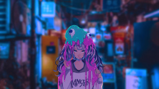Purple hair girl city street - neon free wallpaper